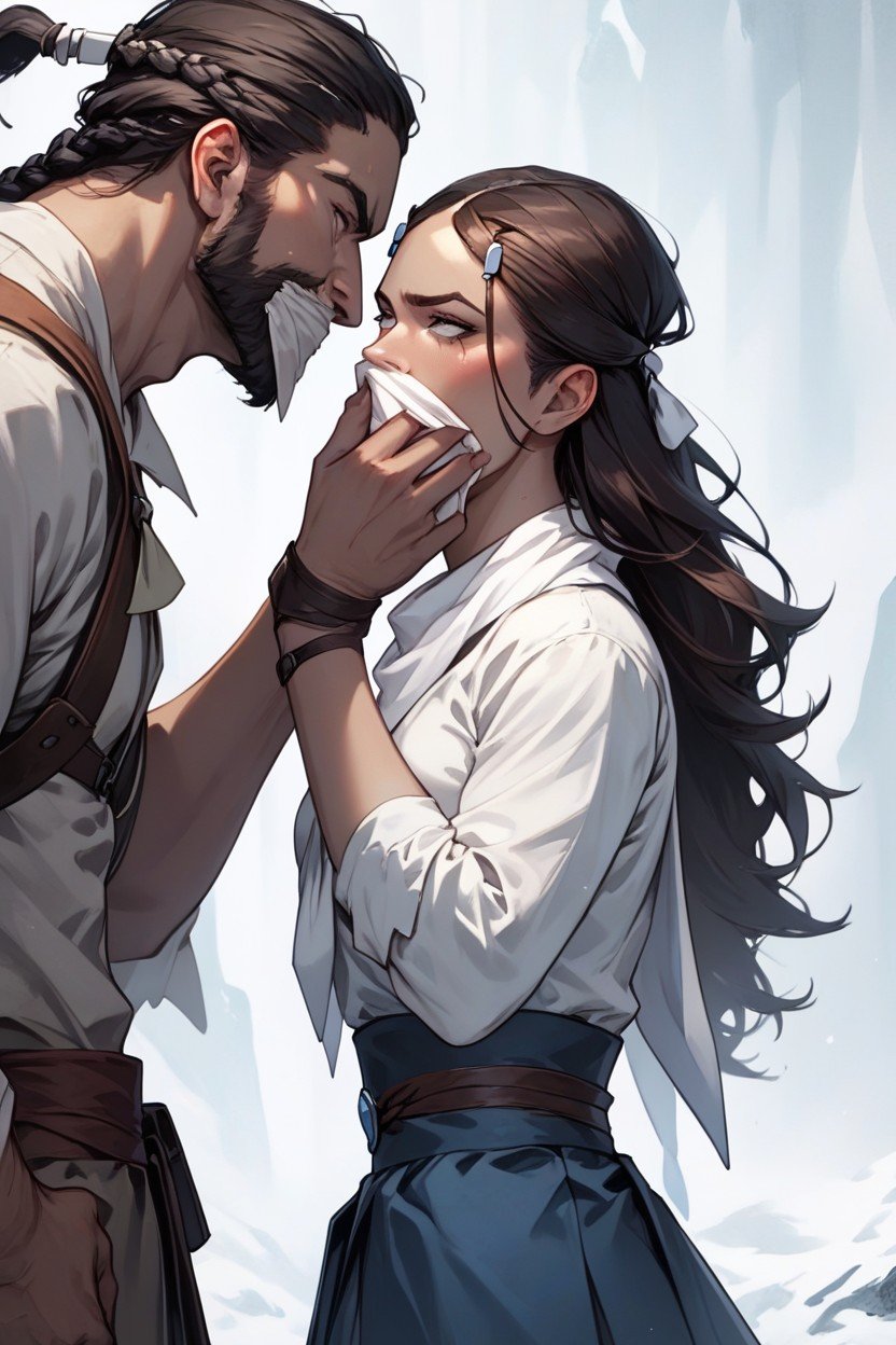 Katara From Avatar, Stranger's Hand Covers Mouth With A White Handkerchief, Rolling Eyes AI Porn