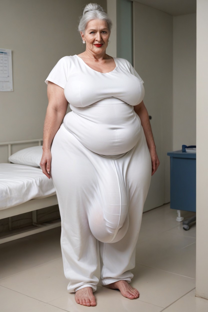 Huge Bulge Under Clothing, Obese, Standing In Hospital Shemale AI Porn