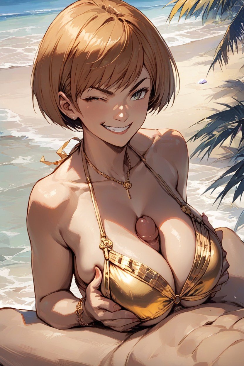 Chie Satonaka, Gold Bikini, 가슴과 성기 문지르기퍼리 AI 포르노