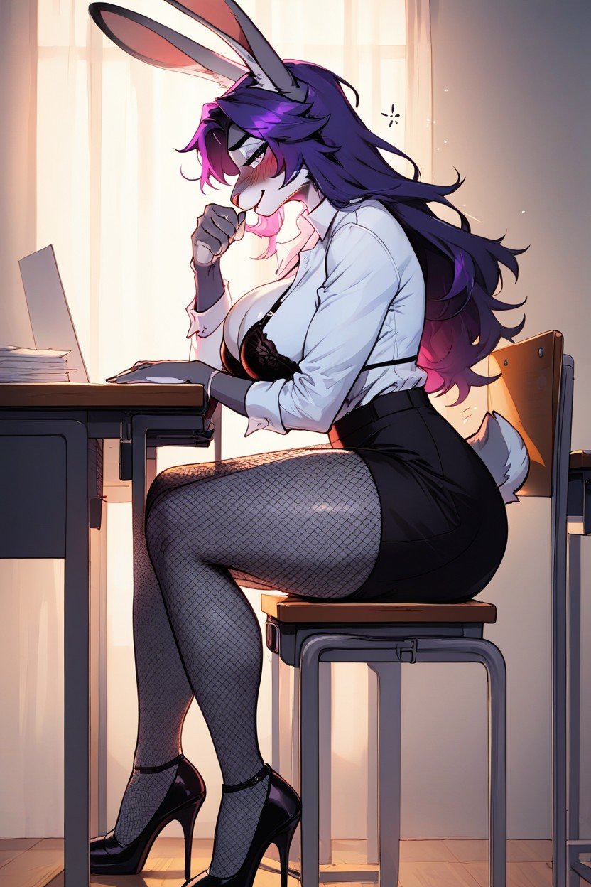 大きな胸, Judy Hopps In Tall Sexy With Huge Breasts With Big Thighs In Fishnet Tights In Skirt In Shirt With Heels Sits On Chair At Desk In Class Unbuttoned Shirt Masturbates Her Vagina Blushed And Embarrassed Looks At Me Panties Down Bra Unbuttoned Long Hair With Pigtail, 紫の目ファーリーAIポルノ