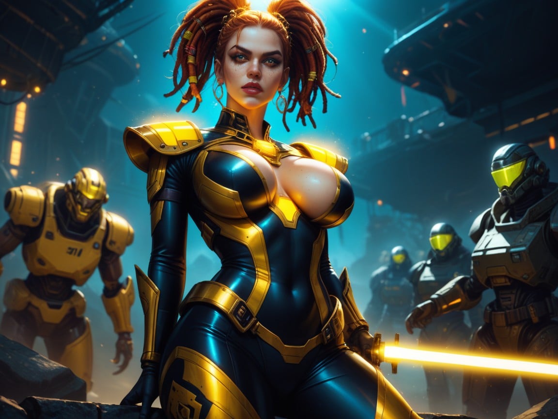 Golden Neon Energy Surge, Alien Soldiers Surrounding Woman, Round BreastsPorno AI