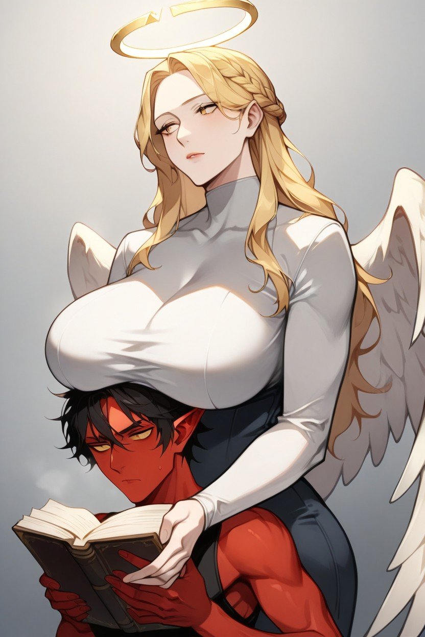 Male With Red Skin And Horns, Close Up View, White Skinned Angel Woman Reading The Book While Red Skinned Demon Groping Her Breast헨타이 AI 포르노