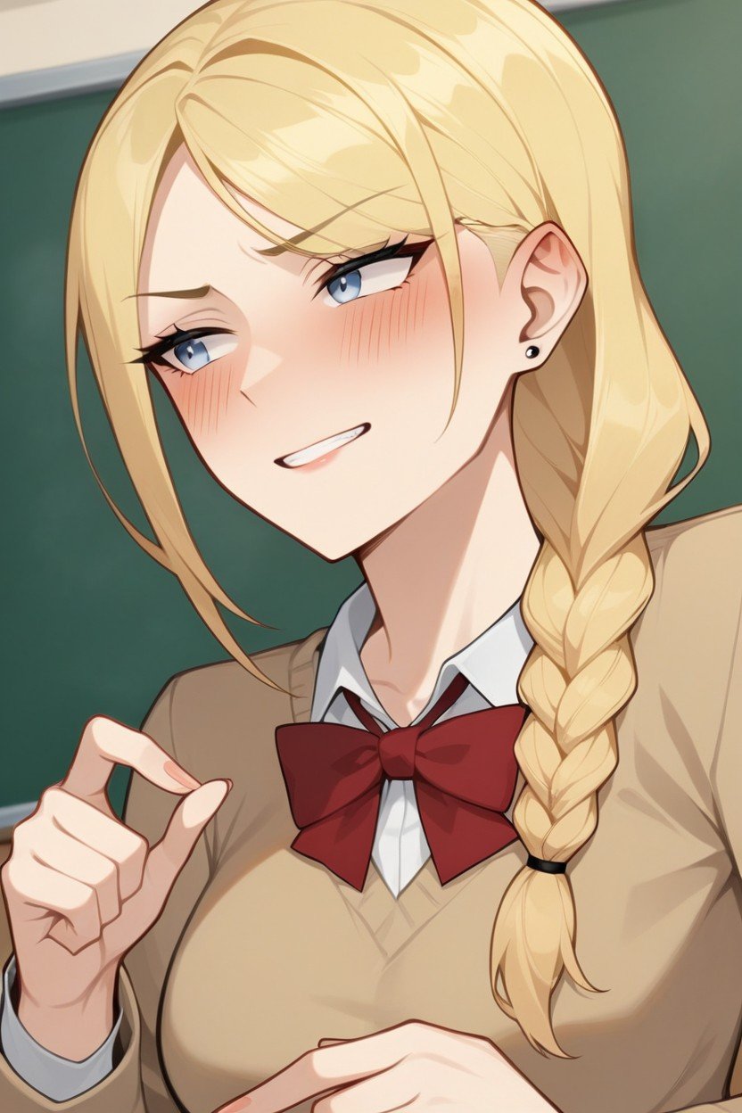 Blonde Hair Embarrassed Futanari With Single Braid, Taller Bully Brunette Young Woman With Bobcut Molesting Timid Blonde Haired Futanari, Ultra DetailedPorno AI