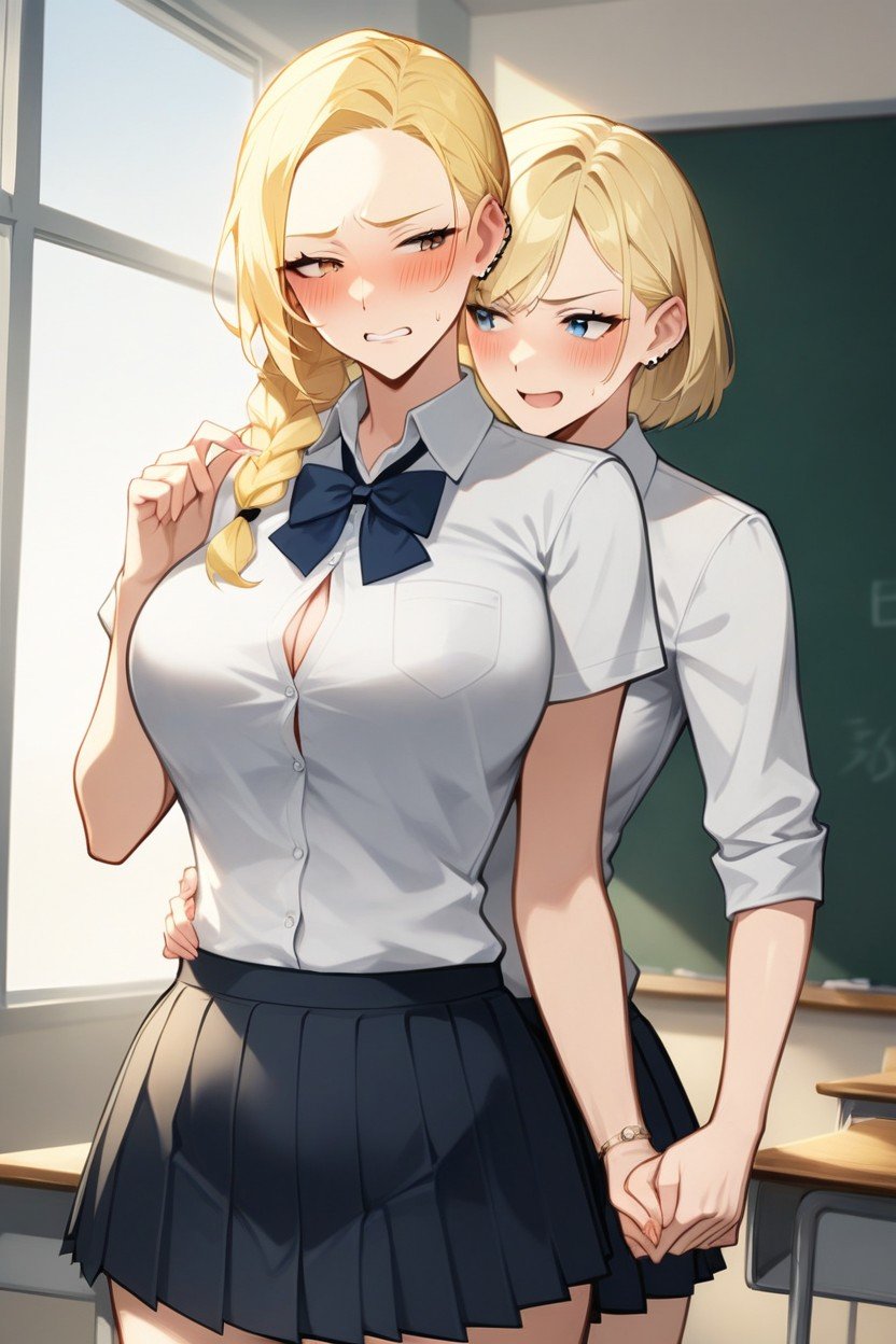 2 Personas, Ultra Detailed, Blonde Hair Embarrassed Futanari With Single BraidPorno AI