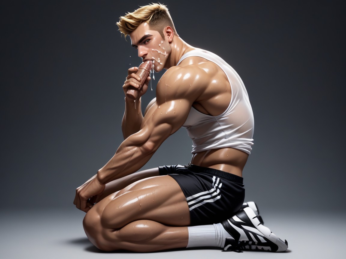 Sweaty, Kneeling, Muscular Calve Muscles AI Gay Porn