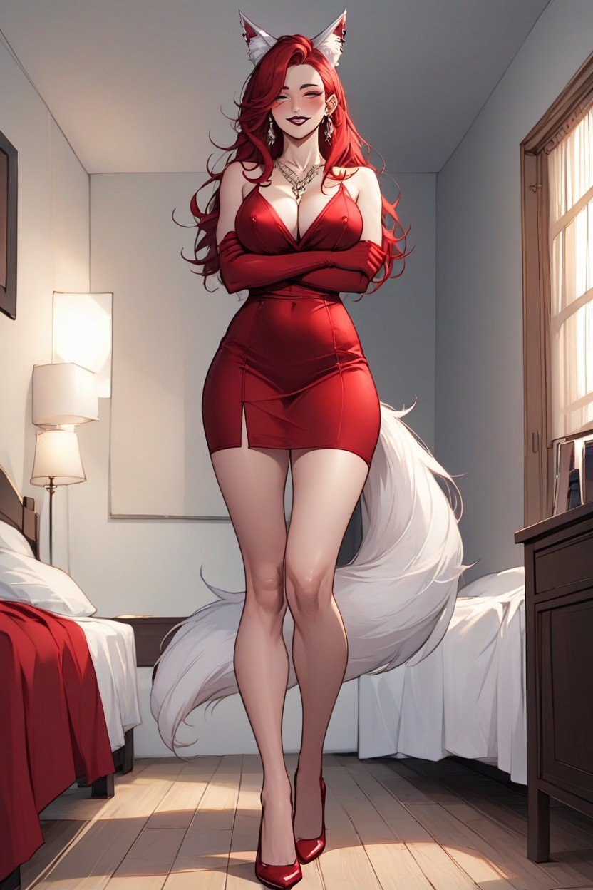 Red Dress With A Lot Of Neckline Showing Legs, Habitación, Purple EyesPorno AI Hentai