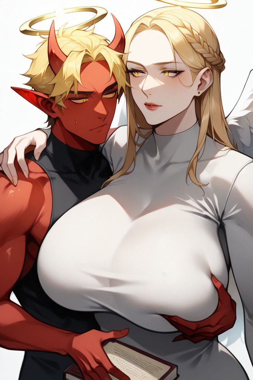 Annoying Imp, White Skinned Angel Woman Reading The Book While Red Skinned Demon Groping Her Breast, StandingAI黄片