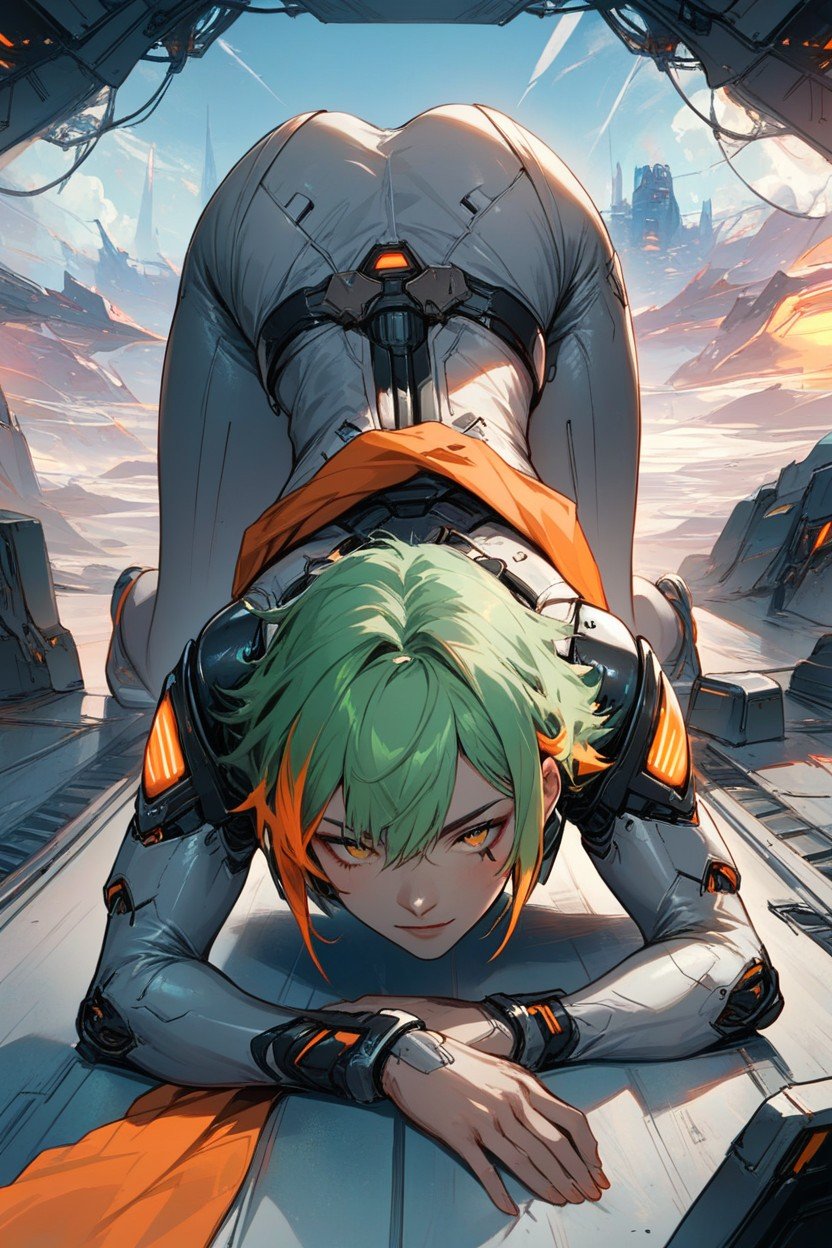 Short Length, Green Hair, Grey Futuristic Clothing With Some Orange Highlights Cape AI Porn