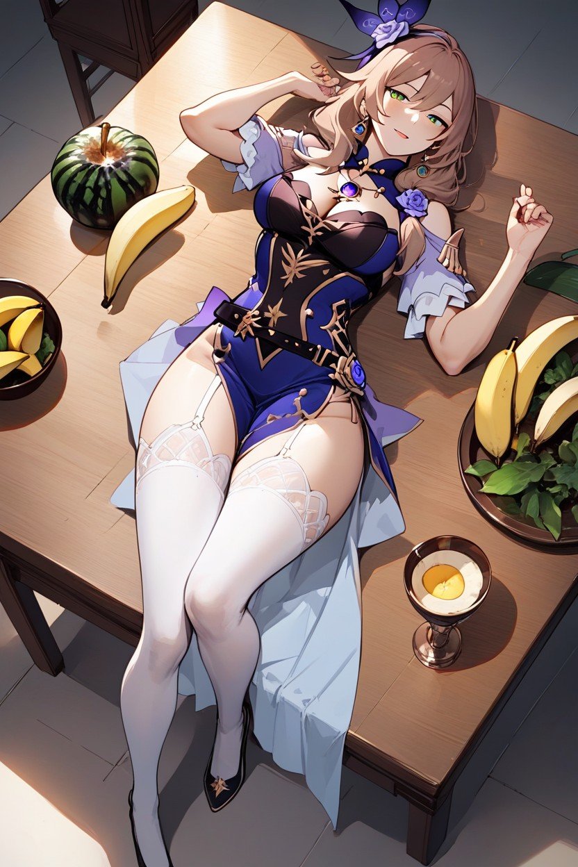 Laying On A Table, Surrounded By Alot Of Fruit, 小さな胸ファーリーAIポルノ