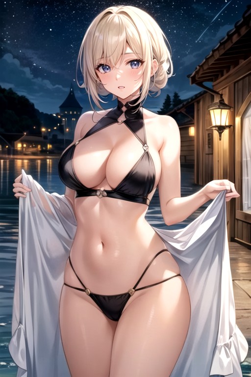 A Woman In A Pokemon Style Tan Skin Platinum Blonde Hair In A Pixie Slender Frame Pubic Hair Seaside At NightAIポルノ