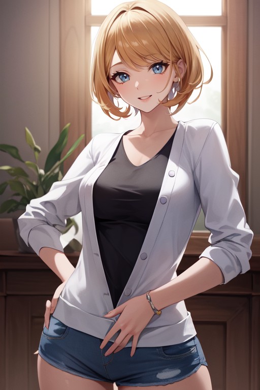 An Illustration In The Pokemon Style Of A Woman Tan Blonde Hair In A Pixie Orange And White Clothings Blue Jean Shorts Seaside Hands On Hips Big SmileAIポルノ