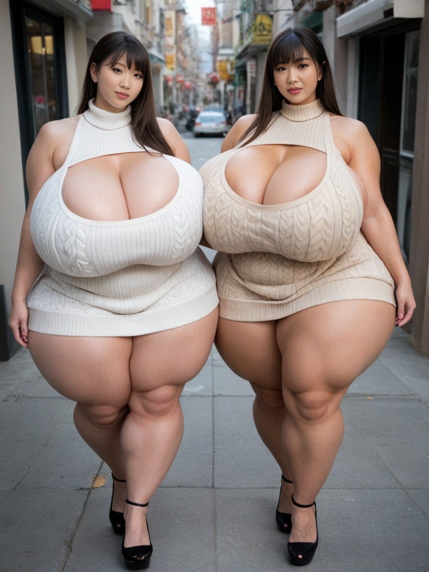 Beige Knit Dress, Full Body, Extreme Hyper Hips AI Porn