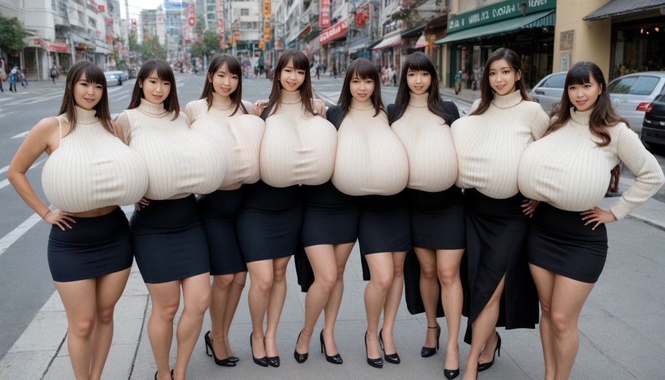 Giant Insane Massive Gigantic Breasts, Tight Skirt, Walking Down The Tokyo StreetAIポルノ