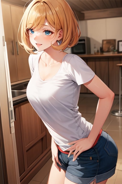 An Illustration In The Pokemon Style Of A Woman Tan Bust Blonde Hair In A Pixie Orange And White Clothings Blue Jean Shorts Seaside Hands On Hips Big SmileAIポルノ