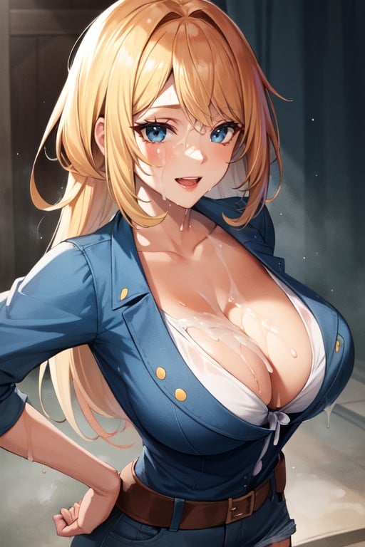 Cleavage, Cumshot, An Illustration In The Pokemon Style Of A Woman Tan Bust Blonde Hair In A Pixie Orange And White Clothings Blue Jean Shorts Seaside Hands On Hips Big Smile AI Porn