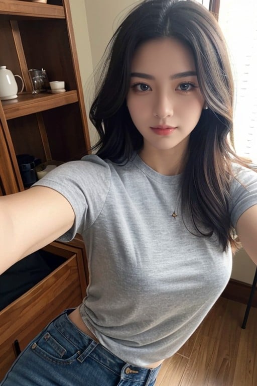 Selfie, Tenue Décontractée, Bob Hair Black Hair Japanese Front View Brown Eyes ChestsPorno IA