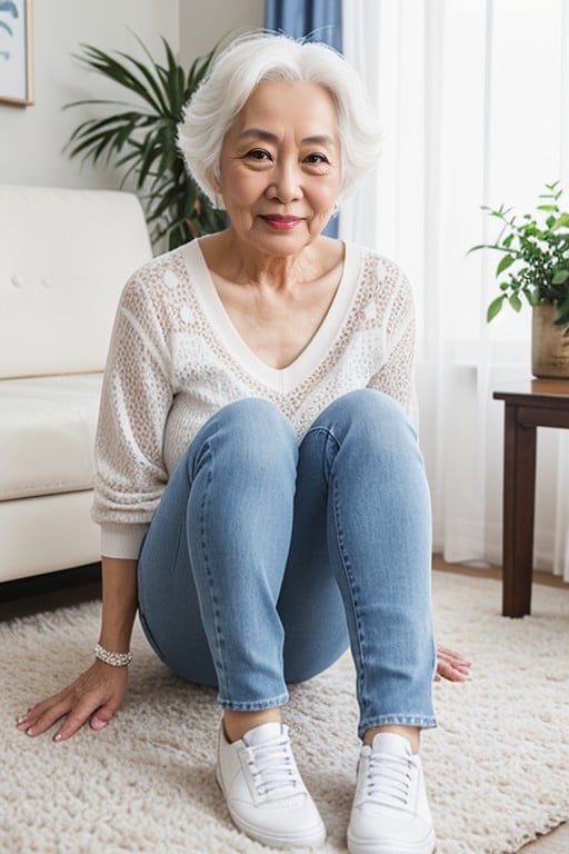 Wearing Skin Tight V Neck Shirt, White Hair, 視聴者を見つめるAIポルノ