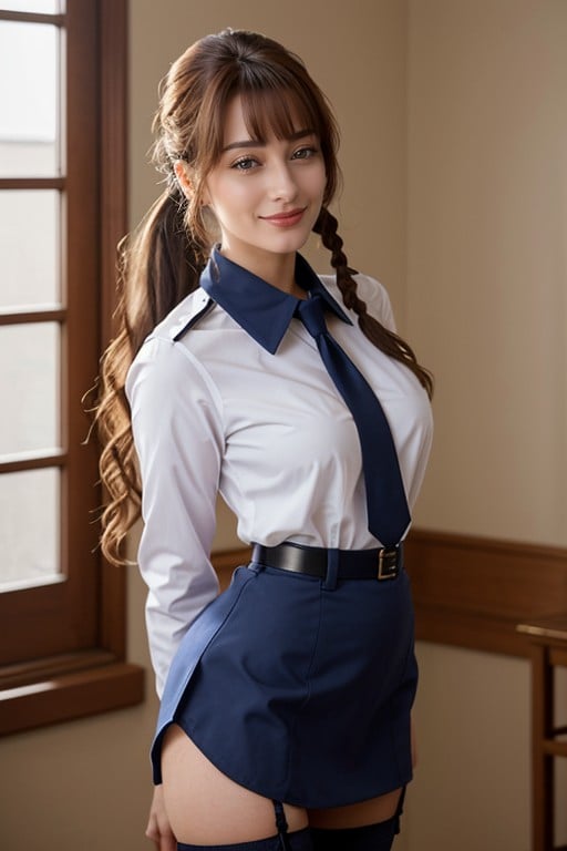 Long Wavy Hair Tied Into A High Ponytail, Light Brown Long Straight, Blue Uniform Pornografia de IA