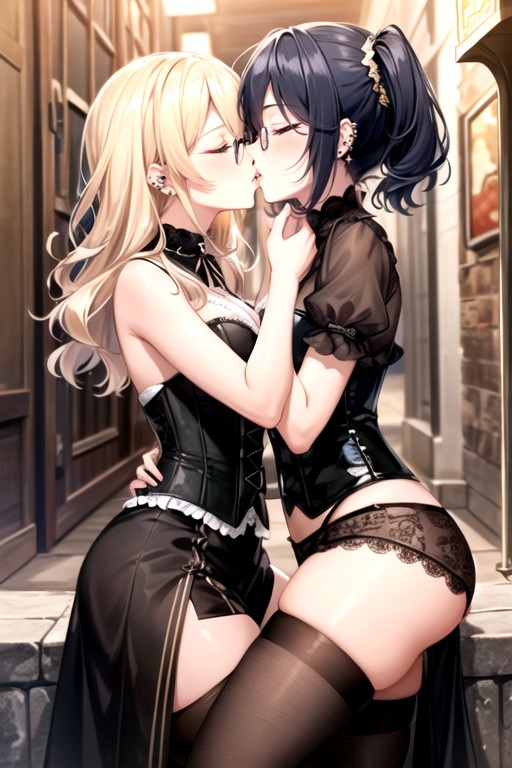 Goth, Girls Kissing, Curly AI Porn