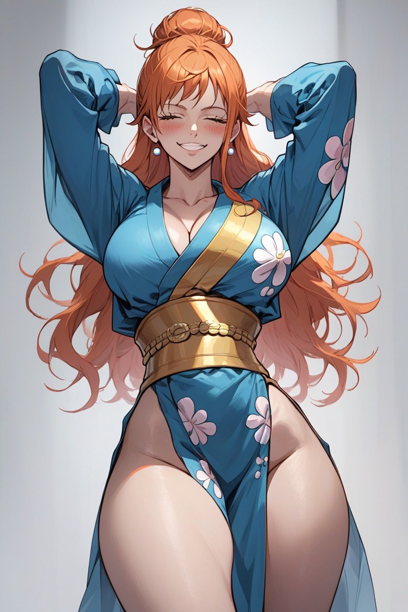 Hair Bun, Thighs Exposed, Blue Kimono With Length Hentai AI Porn