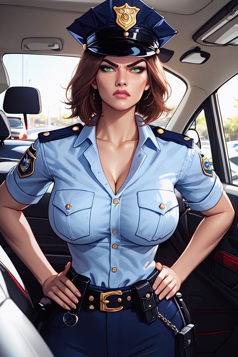 Female Cop Out Of Car Window, Detailed Face, CallePorno AI