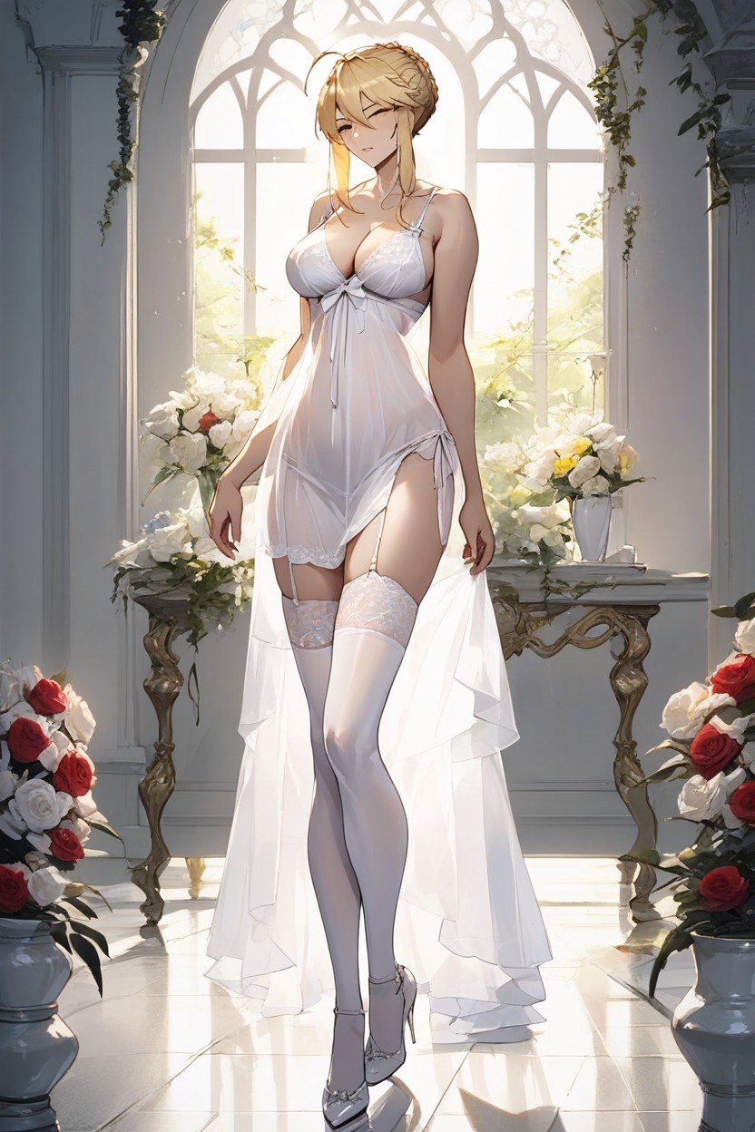 Shoulder Length Straight Hair, Satin Nightgown, Artoria PendragonPorno AI