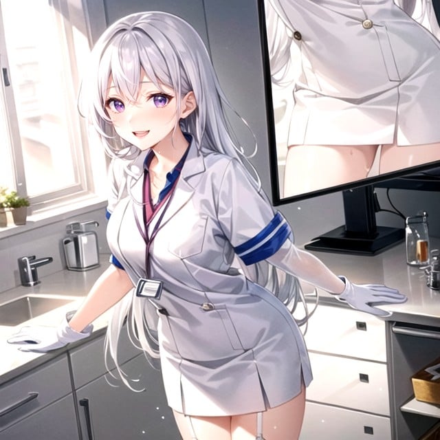 White Skirt, White Doctor Lab Coat, 汗だくニューハーフAIポルノ