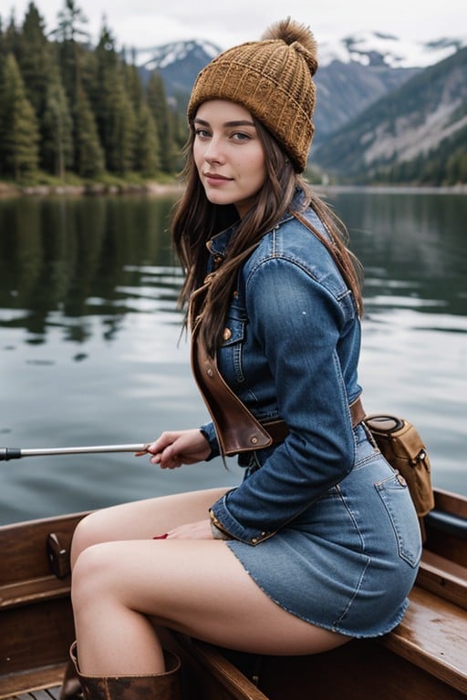 Leather Cowboy Boots, Open Denim Coat Showing Boobs And Raised Denim Skirt, Vista LateralPorno AI