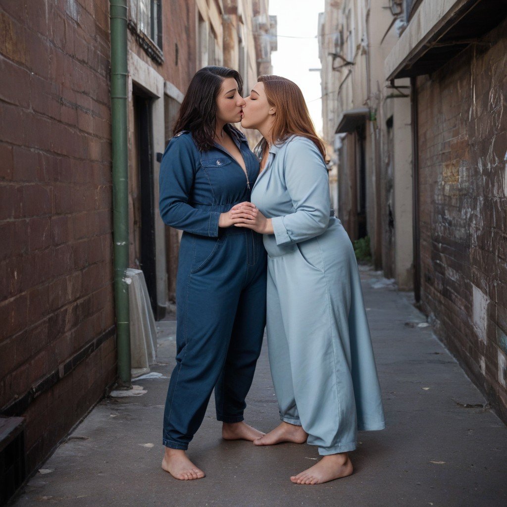 Lesbian Kissing, Chubby Young Woman, Alleyway AI Porn