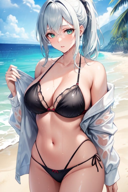 Bikini, Wet Clothes, White Hair AI Porn