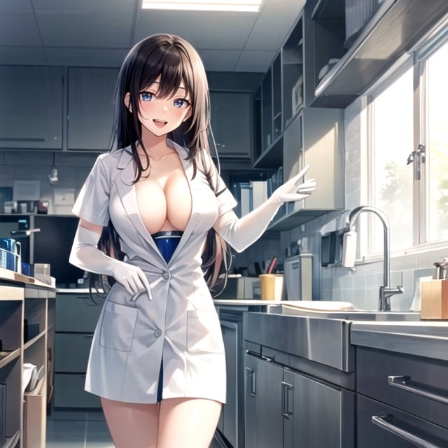 White Doctor Lab Coat, Medium Breast, White Elbow Gloves Hentai AI Porn