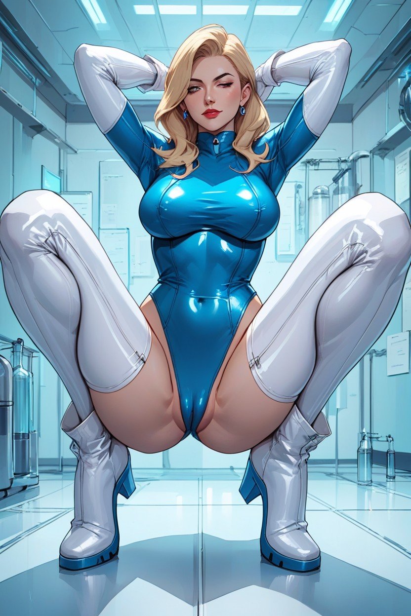 Blue Leotard Fantastic Four Suit Boob Window Cutout In Shape Of Four, Latex Suit, White Elbow Long Arm Stockings AI Porn