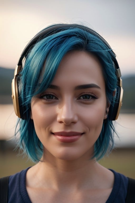 Headphones, Sunset, Smiling Mouth Open Shemale AI Porn