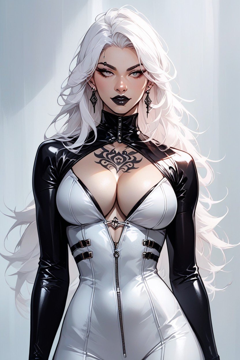 Latex Suit, Black Lipstick, White Hair AI Porn