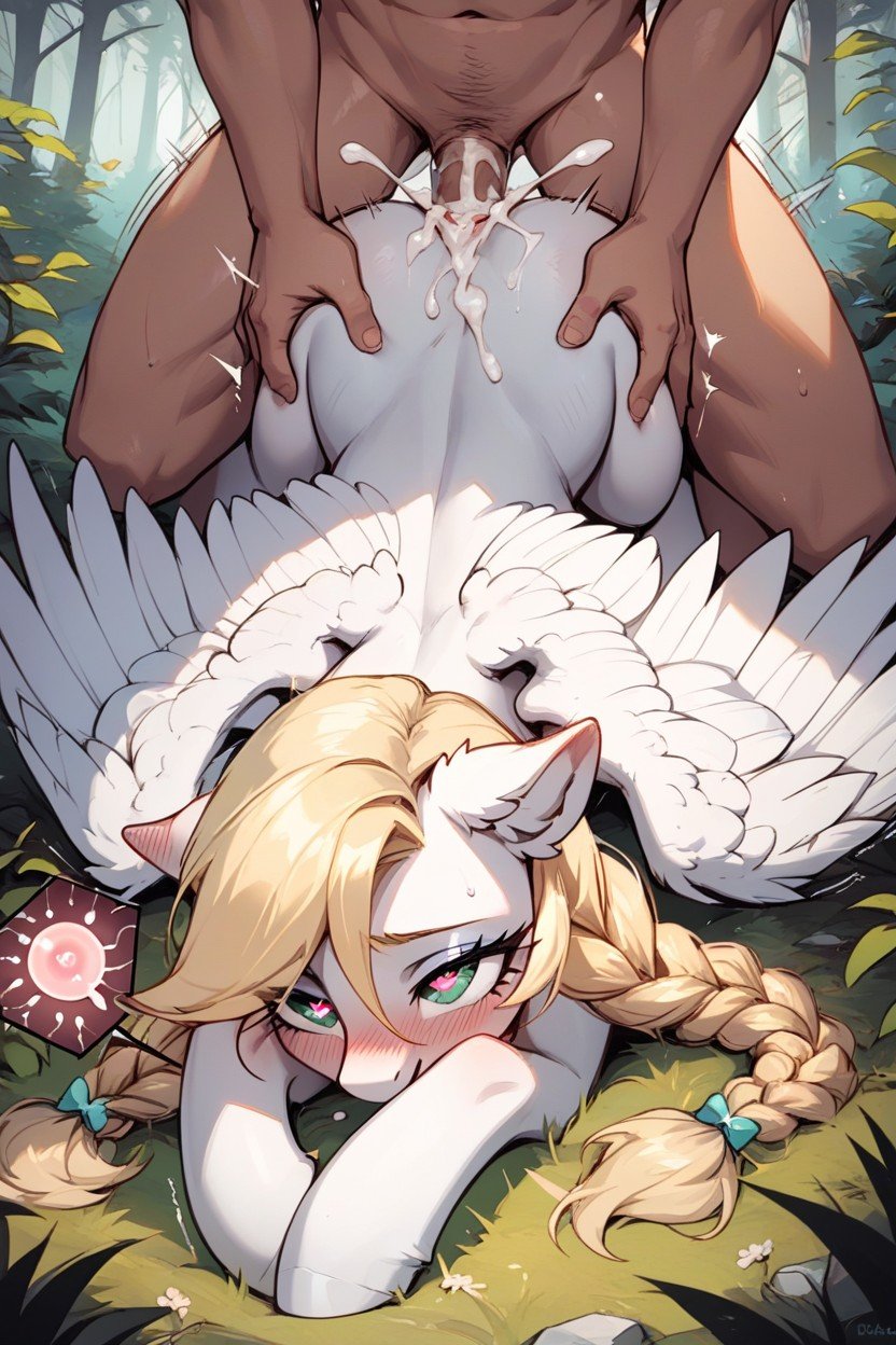 Pegasus Wings, White Female With Pony With Blonde Braided Ponytail Hair In Forest, Male Mounting FemaleAI 포르노