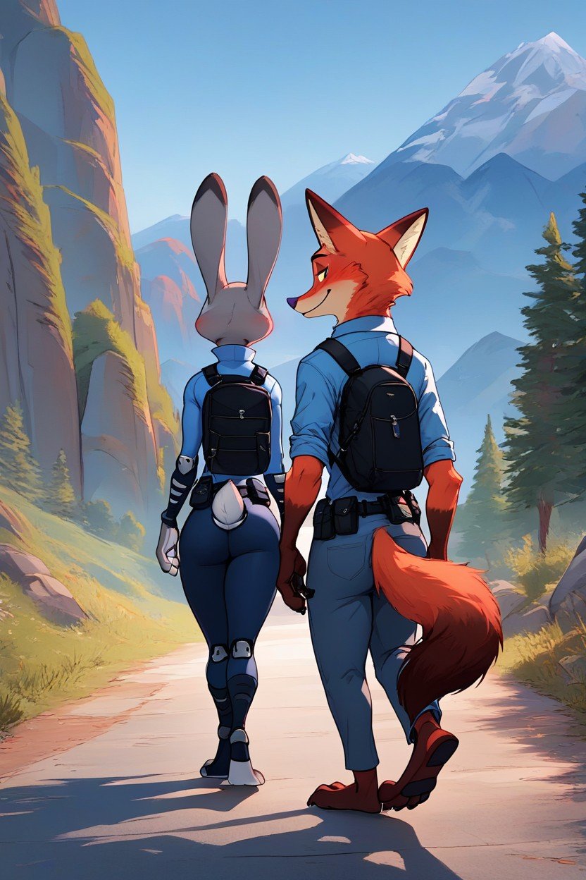 Happy, Judy Hopps From Zootopia In Blue Athletic Clothes With Nick Wilde, Mountain Trail Фурри AI порно