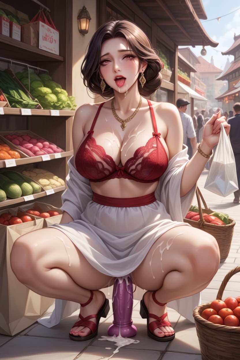 Cum Dripping, Standing In A Bustling Marketplace, In Her Right Hand Hentai AI Porn