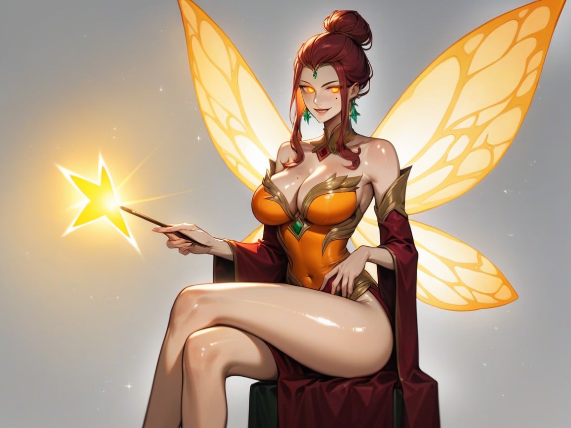 Wearing Orange Sorceress Clothes, Large Breast, Holding A Wand AI Porn