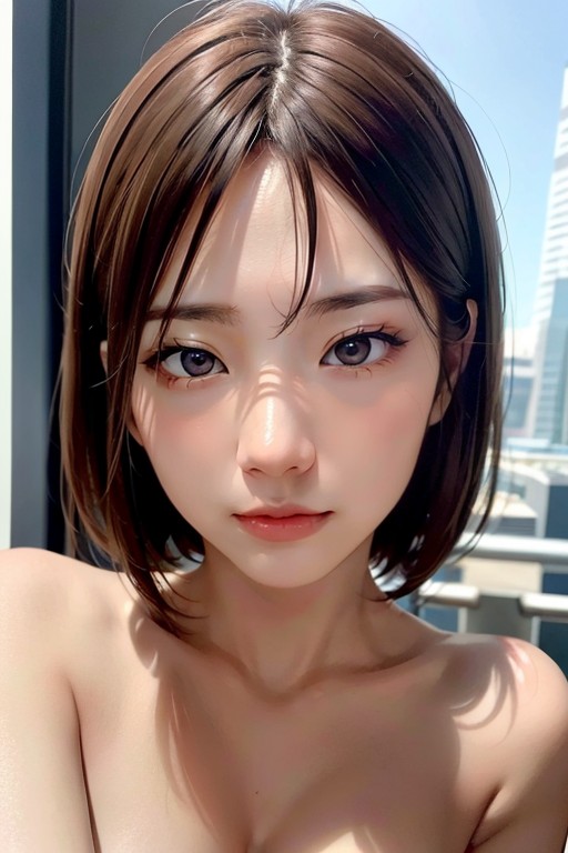 Giant Naked Woman Leaning On A Skyscraper, 마른 체형, 일본인AI 포르노