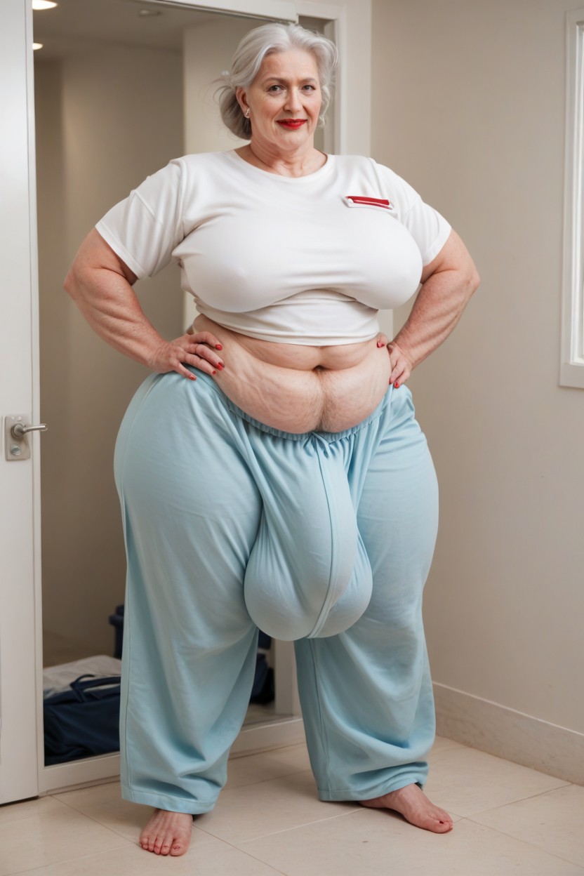 Extremely Large Ass, Standing Next To Person, Messy Hair Bun Shemale AI Porn