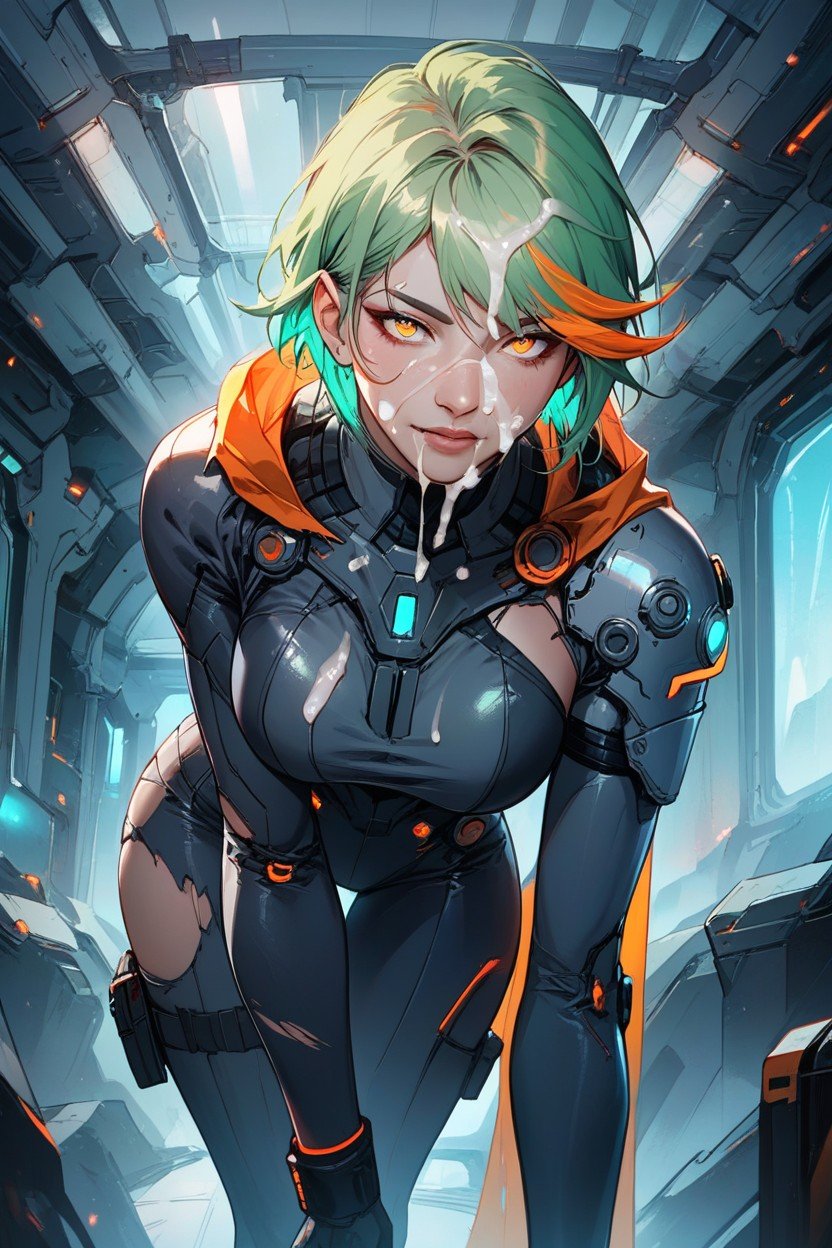 우주선, 짧은 머리, Grey Futuristic Clothing With Some Orange Highlights Cape퍼리 AI 포르노