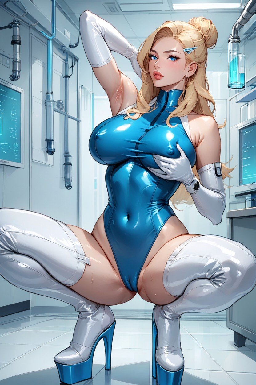 Blue Leotard Fantastic Four Suit, 大腿露出, White Knee High Latex BootsAI黃片