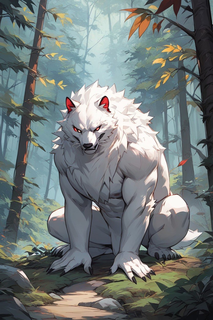 Riding A White Owlbear, Forest Background, Naked Nymph With Bright Red HairAIポルノ