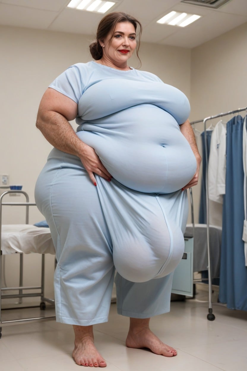 Obese, Messy Hair Bun, Long Bushy Hair Covering Thighs Shemale AI Porn