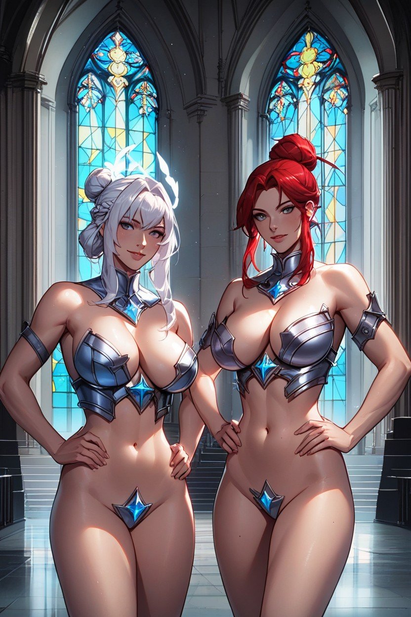 Two Women, Hairbun, Lots Of CleavageAIポルノ