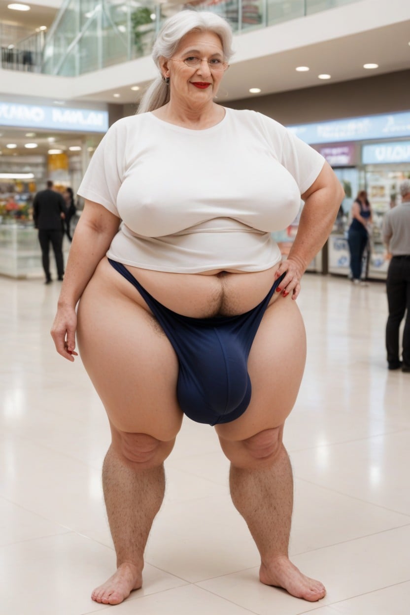 Long Bushy Hair Covering Thighs, Fat, Huge Bulge Under Clothing Shemale AI Porn