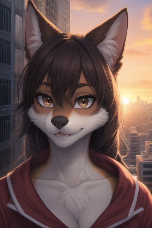 Ciudad Asiática, Ojos Marrones, AtardecerPorno AI Furry