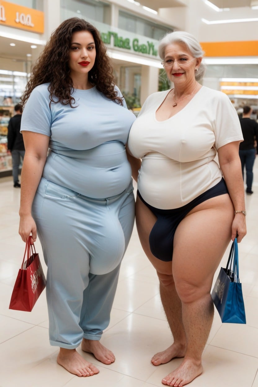 Gigantic Saggy Breast, Skin On Legs Not Visible, Standing Next To Person Shemale AI Porn
