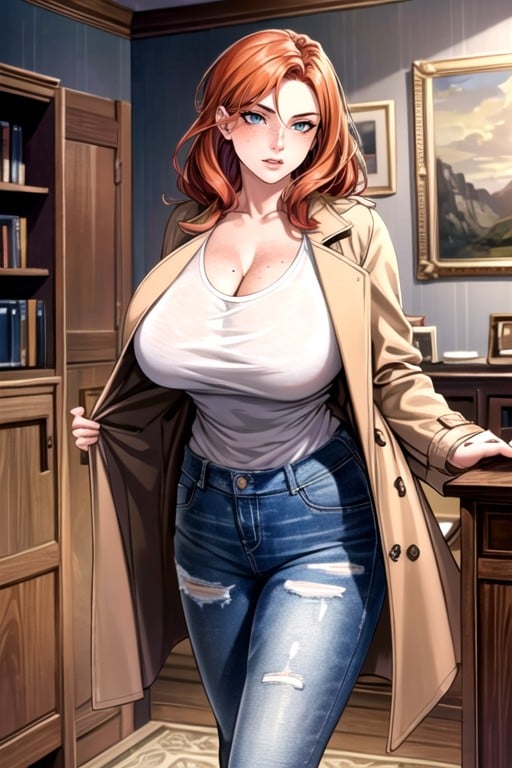 Ginger, Freckles, Trench Coat AI Porn