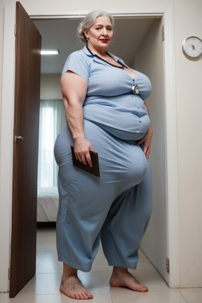 Doctors Scrubs, Big Belly, Messy High Frizzy Bun Shemale AI Porn